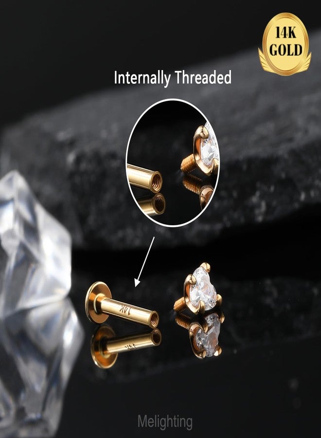 Melighting 14K Solid Gold Cartilage Earring - 16G Gold Heart Flat Back Earring - Star Helix Piercing Jewelry - Internally Threaded Curved CZ - 8mm - Image 4
