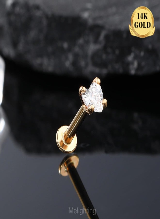 Melighting 14K Solid Gold Cartilage Earring - 16G Gold Heart Flat Back Earring - Star Helix Piercing Jewelry - Internally Threaded Curved CZ - 8mm - Image 3