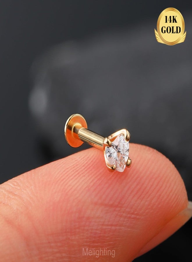Melighting 14K Solid Gold Cartilage Earring - 16G Gold Heart Flat Back Earring - Star Helix Piercing Jewelry - Internally Threaded Curved CZ - 8mm - Image 2