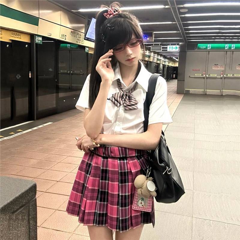 Xiao Mei/Original School Supply Jk Plaid Skirt Student A-Line Skirt Academic Style Rose Pleated Skirt - Image 4