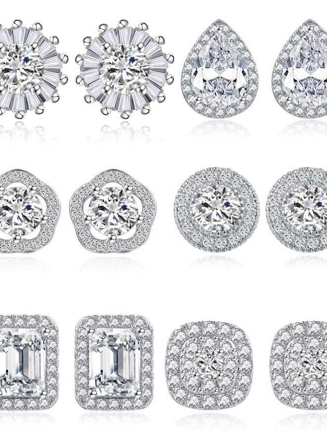 Tornito 6 Pairs Round Square Heart Tear Drop Cubic Zirconia Halo Stud Earrings Lightweight for Women Girls, Cubic Zirconia - Image 1
