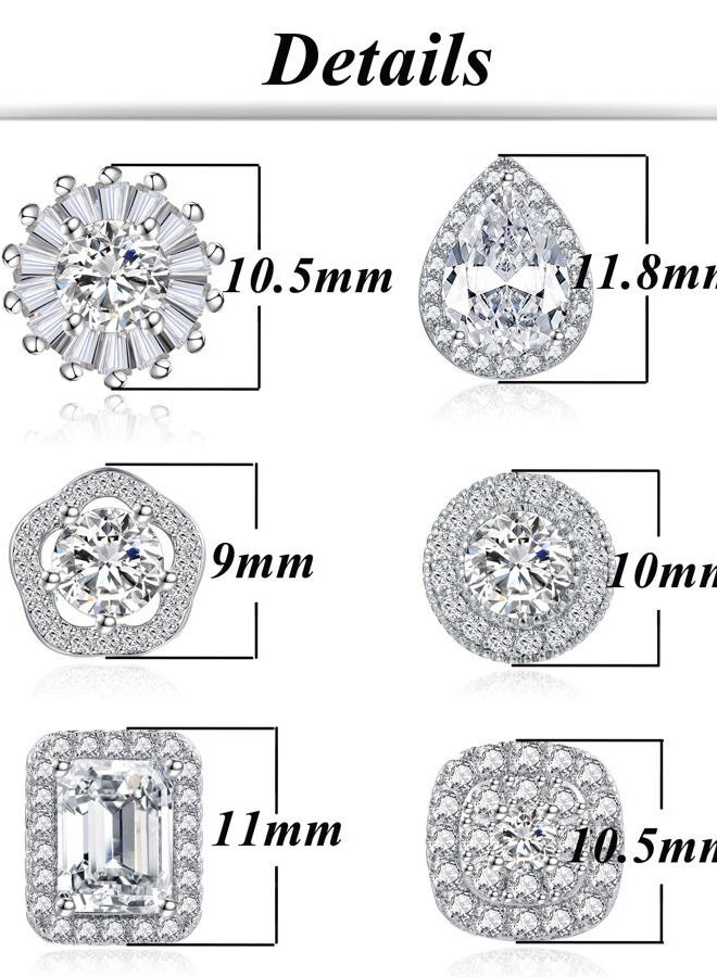 Tornito 6 Pairs Round Square Heart Tear Drop Cubic Zirconia Halo Stud Earrings Lightweight for Women Girls, Cubic Zirconia - Image 2