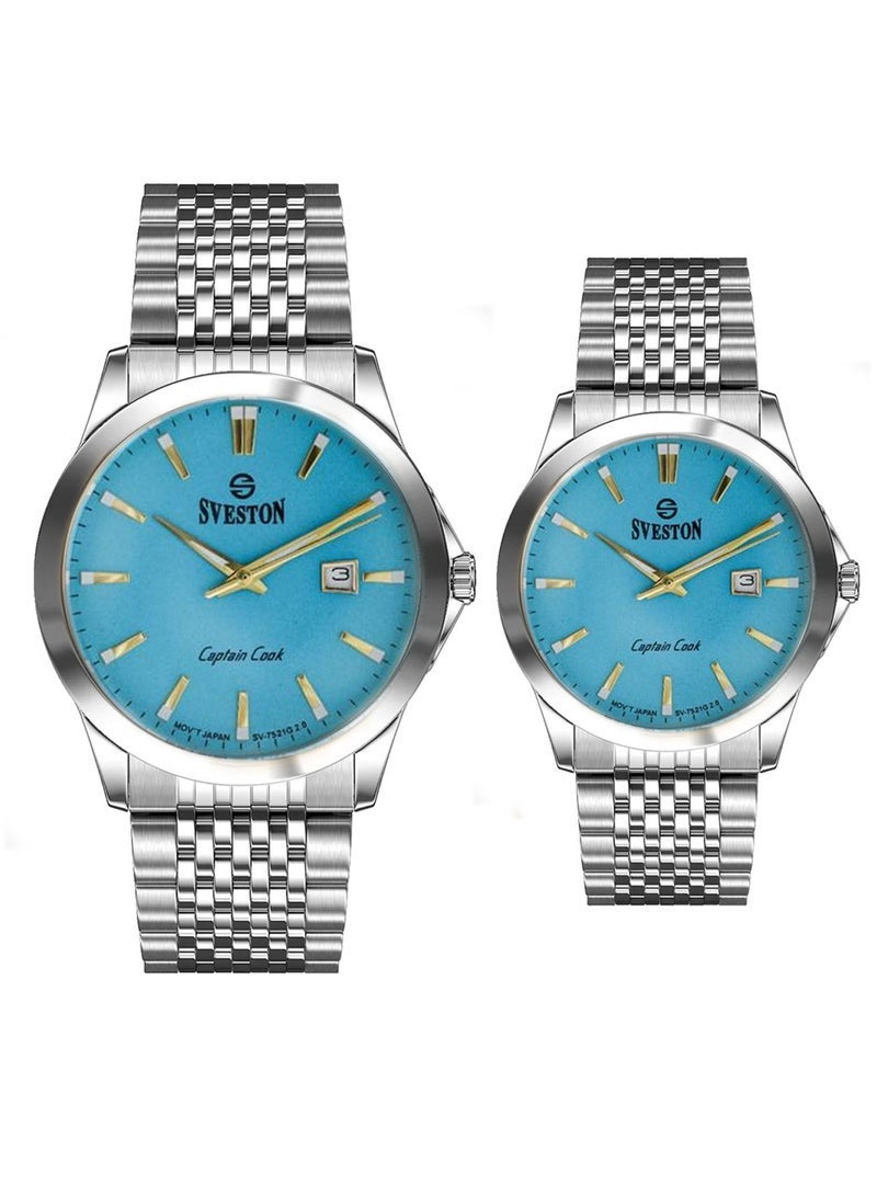 Sveston Captain Cook Analog Quartz Sky Blue Dial Stainless Steel Couple Set Watch - Image 1