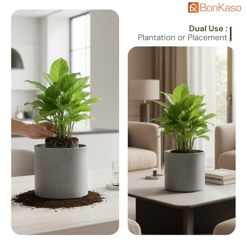 BonKaso 12 Inch Cylinder Tower Planter Pot (30x30x28 Cm) | Light Grey Marble Finish, Tall & Lightweight Polymer Flower Pot | Durable Gamla for Indoor & Outdoor Plants – Home, Office, Garden, Balcony - Image 2