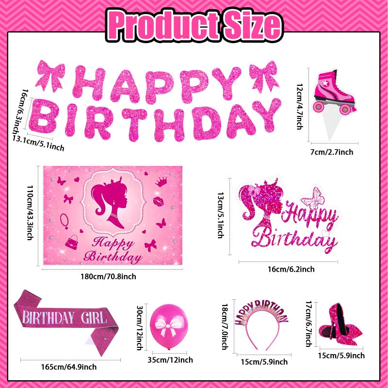 Kooterfun Hot Pink Birthday Party Decorations Supplies, with Pink Glitter Happy Birthday Banner, Backdrop, Balloons, Hanging Swirls, Cake & Cupcake Toppers for Kids, Girls and Women - Image 4