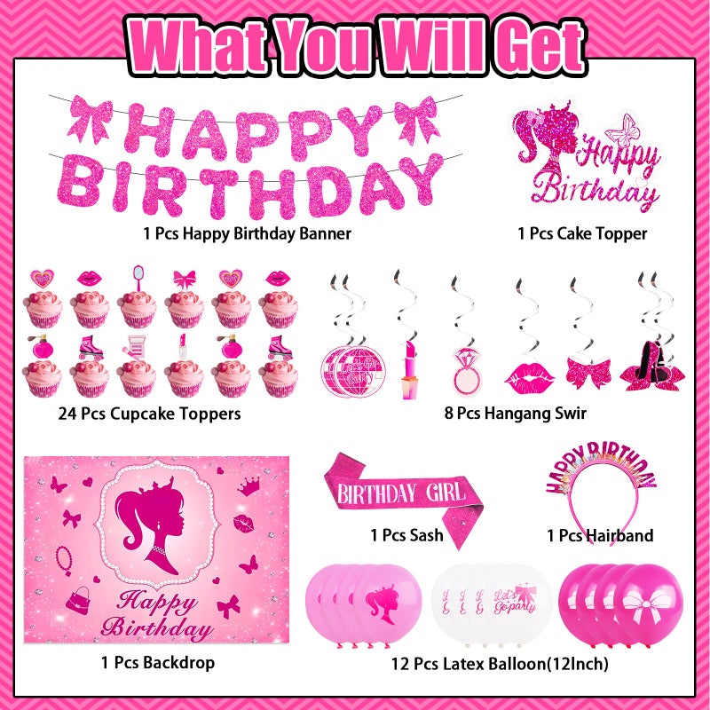 Kooterfun Hot Pink Birthday Party Decorations Supplies, with Pink Glitter Happy Birthday Banner, Backdrop, Balloons, Hanging Swirls, Cake & Cupcake Toppers for Kids, Girls and Women - Image 3