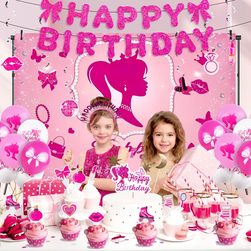 Kooterfun Hot Pink Birthday Party Decorations Supplies, with Pink Glitter Happy Birthday Banner, Backdrop, Balloons, Hanging Swirls, Cake & Cupcake Toppers for Kids, Girls and Women - Image 5
