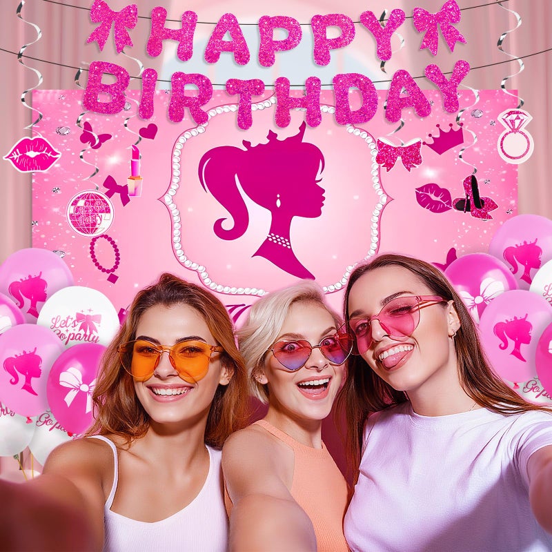 Kooterfun Hot Pink Birthday Party Decorations Supplies, with Pink Glitter Happy Birthday Banner, Backdrop, Balloons, Hanging Swirls, Cake & Cupcake Toppers for Kids, Girls and Women - Image 2