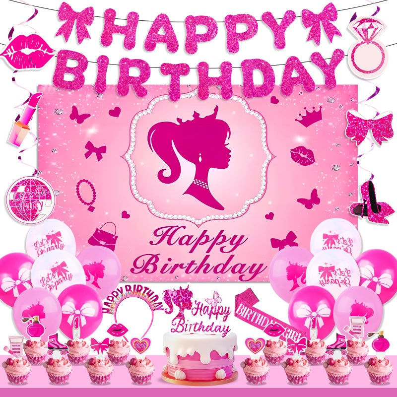 Kooterfun Hot Pink Birthday Party Decorations Supplies, with Pink Glitter Happy Birthday Banner, Backdrop, Balloons, Hanging Swirls, Cake & Cupcake Toppers for Kids, Girls and Women - Image 1