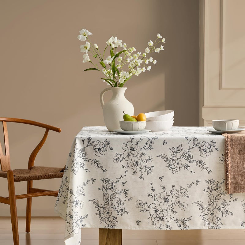 OMMATO Rustic Floral Tablecloths Rectangular 55x84 Inch Linen Tablecloth Farmhouse Vintage French Black Flowers Pattern Burlap Textured Outdoor Table Cover for Picnic,Dining,Party,Home Decor - Image 4