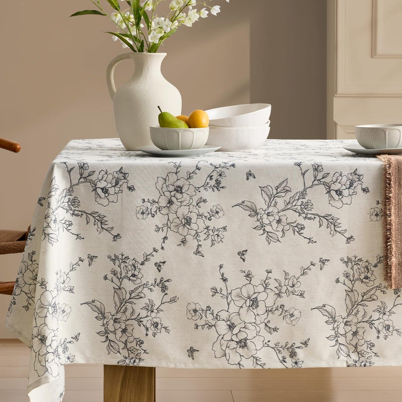 OMMATO Rustic Floral Tablecloths Rectangular 55x84 Inch Linen Tablecloth Farmhouse Vintage French Black Flowers Pattern Burlap Textured Outdoor Table Cover for Picnic,Dining,Party,Home Decor - Image 1
