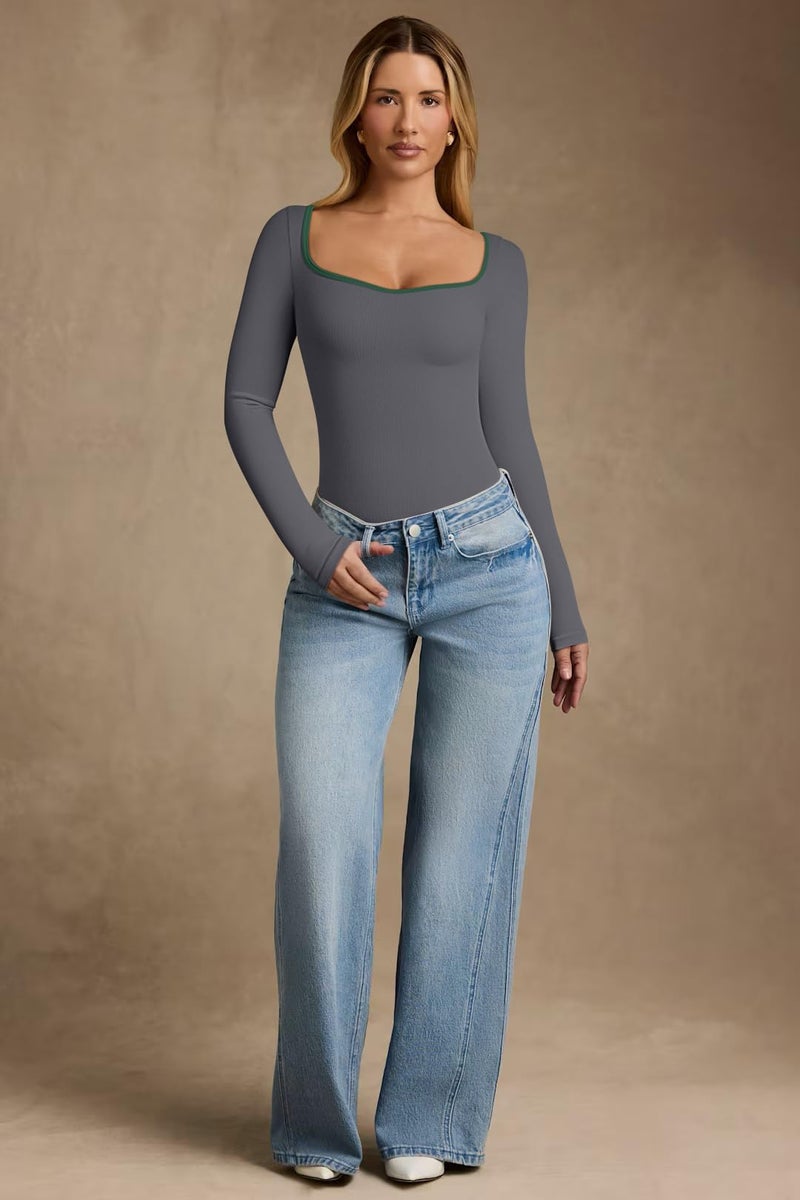 OQQ Women Bodysuit Contrast-Trim Square Neck Long Sleeve Stretch Bodysuit Tops Darkgrey - Image 4