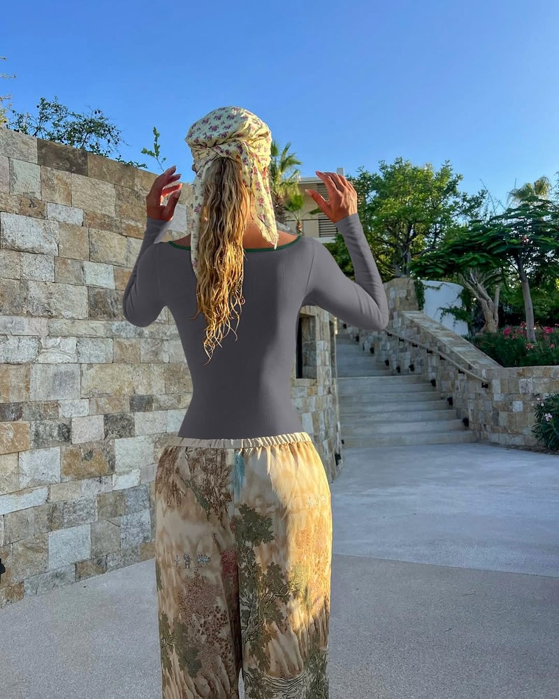 OQQ Women Bodysuit Contrast-Trim Square Neck Long Sleeve Stretch Bodysuit Tops Darkgrey - Image 5