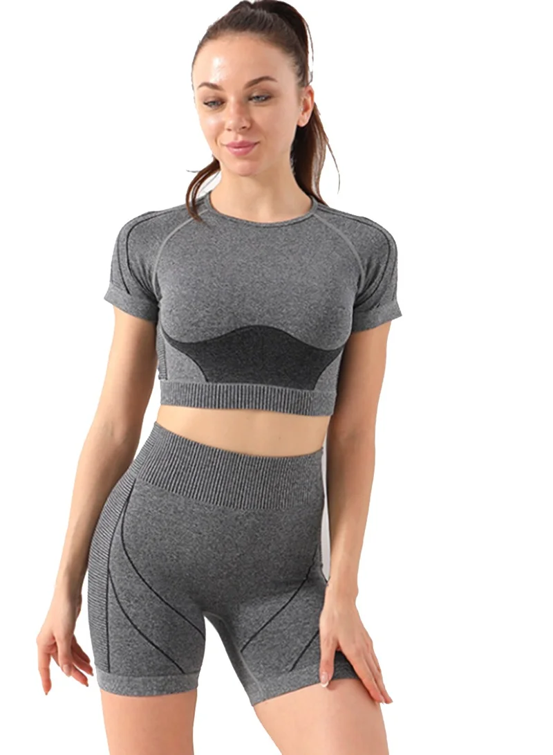 Caprisious Women Workout Yoga 2 Pieces Athletic Set H-Waist Shorts Seamless Ribbed Sports Bra Workout Outfits