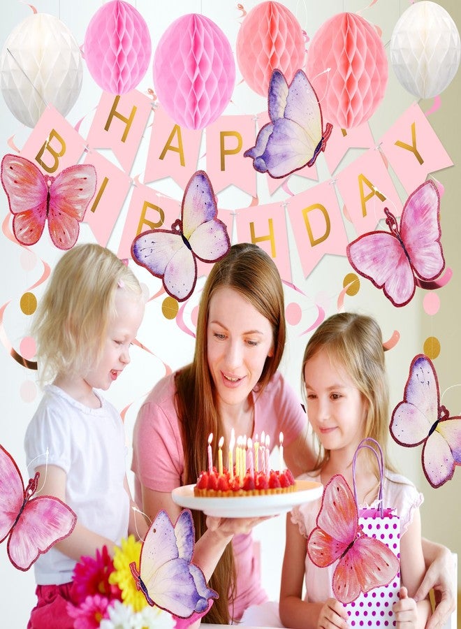 زينة عيد ميلاد رائعة، لافتة عيد ميلاد سعيد مع كرات على شكل خلية نحل، شرائط متدلية على شكل فراشات، إكليل من النقاط الدائرية، زينة حفلات عيد ميلاد سعيد للنساء والرجال والأولاد والبنات (وردي) - Image 5