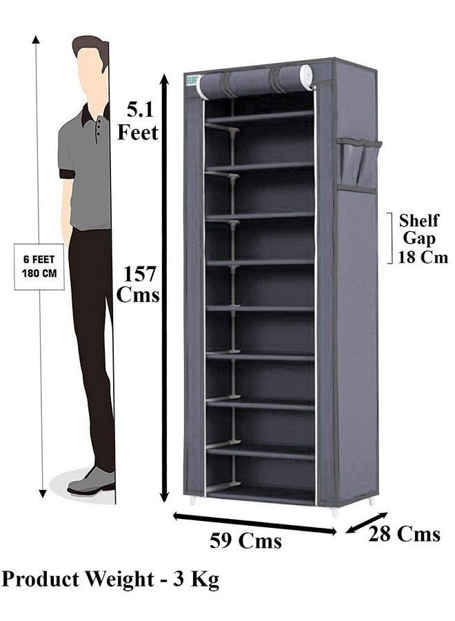 FLIPZON Multipurpose 9-Tiers Shoe Rack with Dustproof Zip Cover & Side Pockets, Multiuse Wide Space Storage Rack for footwear, Toys, clothes with Dustproof Cover (9 Shelves, Grey, Plastic) - Image 2