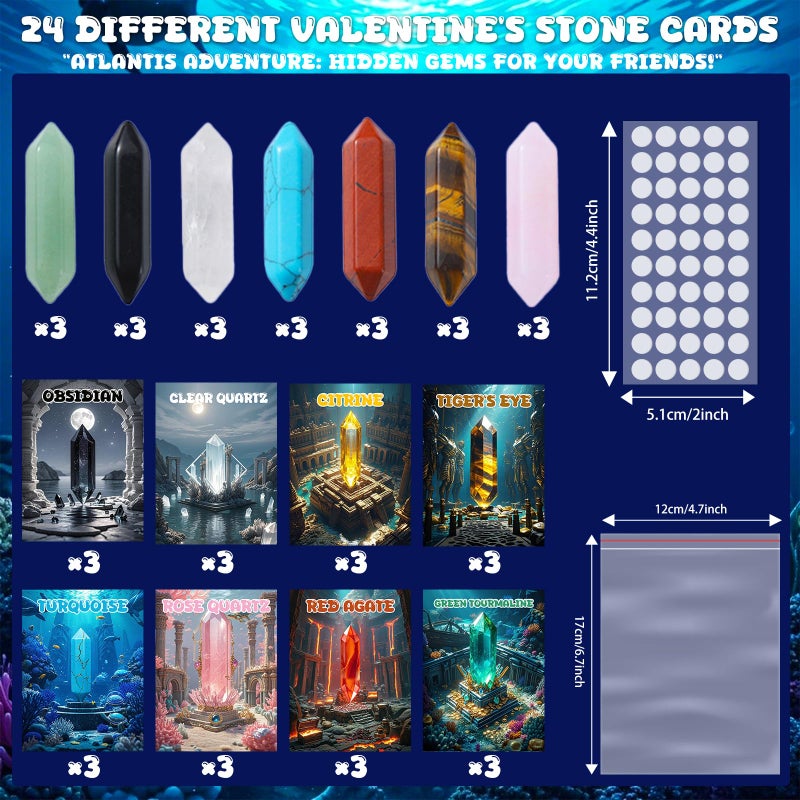 Funewest Valentines Day Cards For Kids With Crystals  24Pack Atlantis-Inspired Themed Cards And Healing Gemstones  Perfect Valentines Gifts Exchange For Boys Girls Toddlers Class Classroom School Party Favor - Image 2