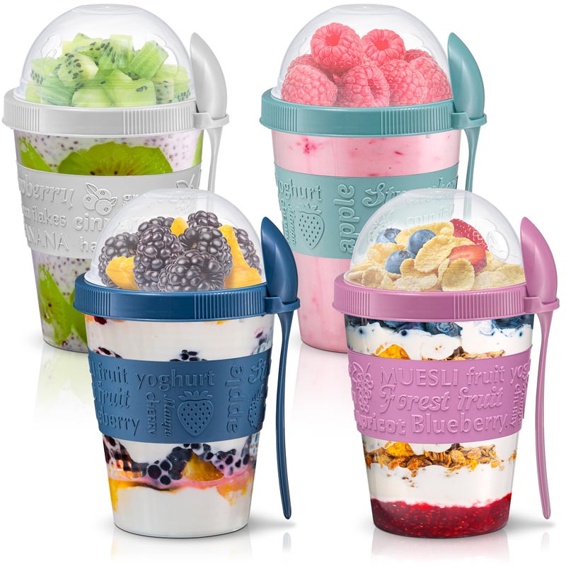Tribello 4 Pack - On the Go Yogurt Parfait Cups with Lids, Topping Compartment & Spoon, Yogurt/Parfait Cups for Breakfast Meal Prep, Reusable Leak Proof Yogurt Container - BPA Free - 20oz - Colorfull - Image 1