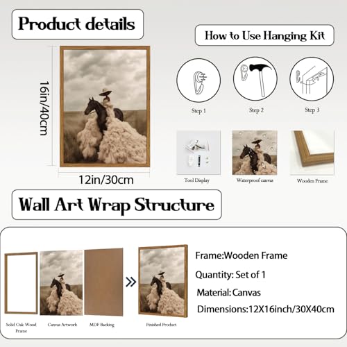 yulihaz Western Cowgirl Riding Horse Wall Art Vintage Black Girl Rodeo Wall Decor Painting, African American Woman Southwest Poster Canvas Prints for Living Room Bedroom 12x16 inch Wood Framed - Image 3