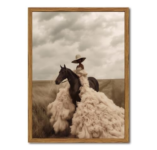 yulihaz Western Cowgirl Riding Horse Wall Art Vintage Black Girl Rodeo Wall Decor Painting, African American Woman Southwest Poster Canvas Prints for Living Room Bedroom 12x16 inch Wood Framed - Image 1
