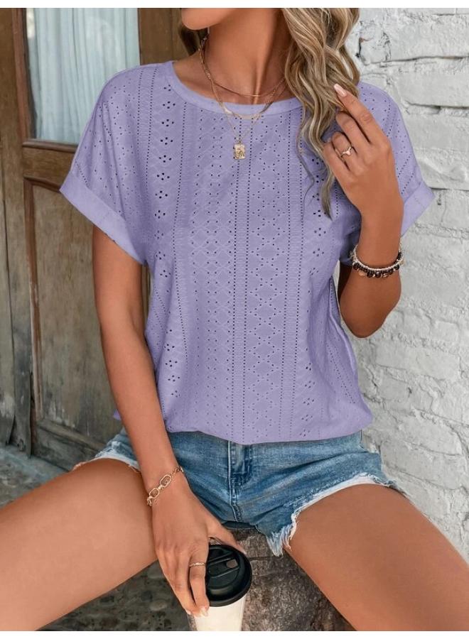 Summer New European And American Women's Top Hollow Mesh Embroidered Batwing Sleeve Casual
