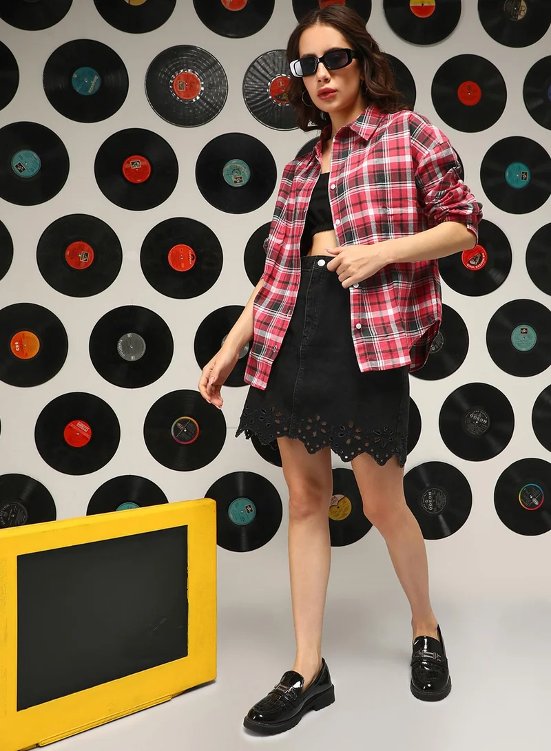 كامبوس سوترا Women's Crimson Red Tartan Plaid Oversized Shirt