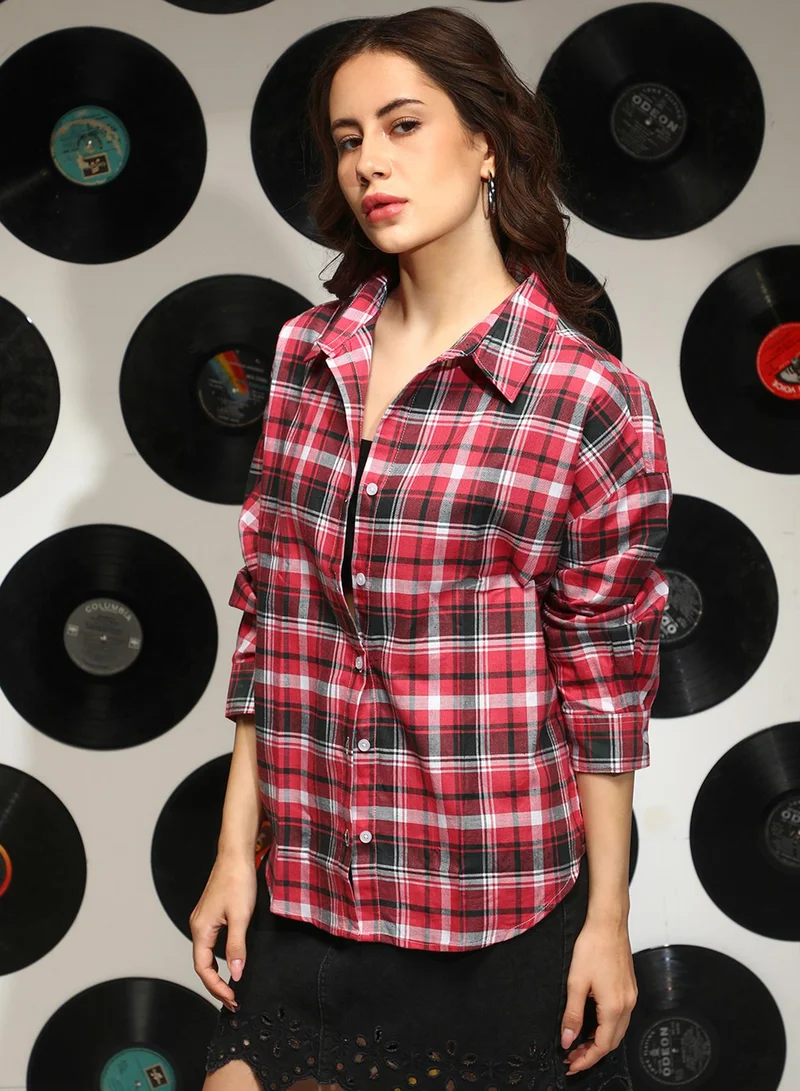 كامبوس سوترا Women's Crimson Red Tartan Plaid Oversized Shirt
