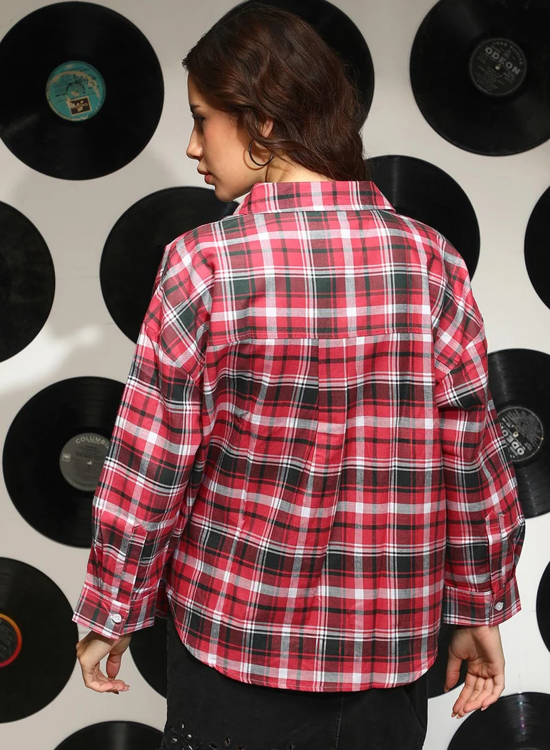 كامبوس سوترا Women's Crimson Red Tartan Plaid Oversized Shirt