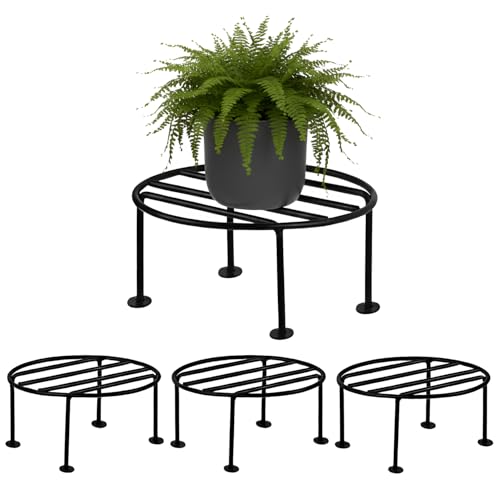 Pivalo Round Plant Stand Galvanised Metal Gamla Support Corner Rack Display Shelf Indoor & Outdoor Flower Pot Holder for Planters Home Garden Balcony Decoration (Pack of 4, Black) - Image 1