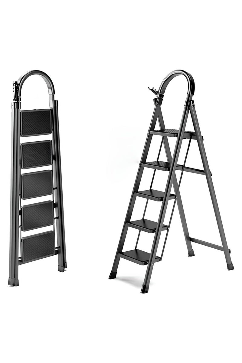 ديكور هيلز سلم قابل للطي من 5 درجات بمقبض مريح مرتفع لمعظم أعمال الصيانة المنزلية، سلم متدرج ذو قدم غير قابلة للانزلاق، سلم خزانة مع دواسة عريضة مضادة للانزلاق للمنزل والمطبخ والحديقة والمكتب - Image 2