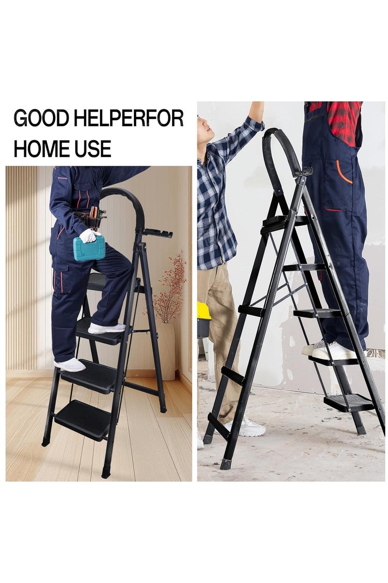 ديكور هيلز سلم قابل للطي من 5 درجات بمقبض مريح مرتفع لمعظم أعمال الصيانة المنزلية، سلم متدرج ذو قدم غير قابلة للانزلاق، سلم خزانة مع دواسة عريضة مضادة للانزلاق للمنزل والمطبخ والحديقة والمكتب - Image 3