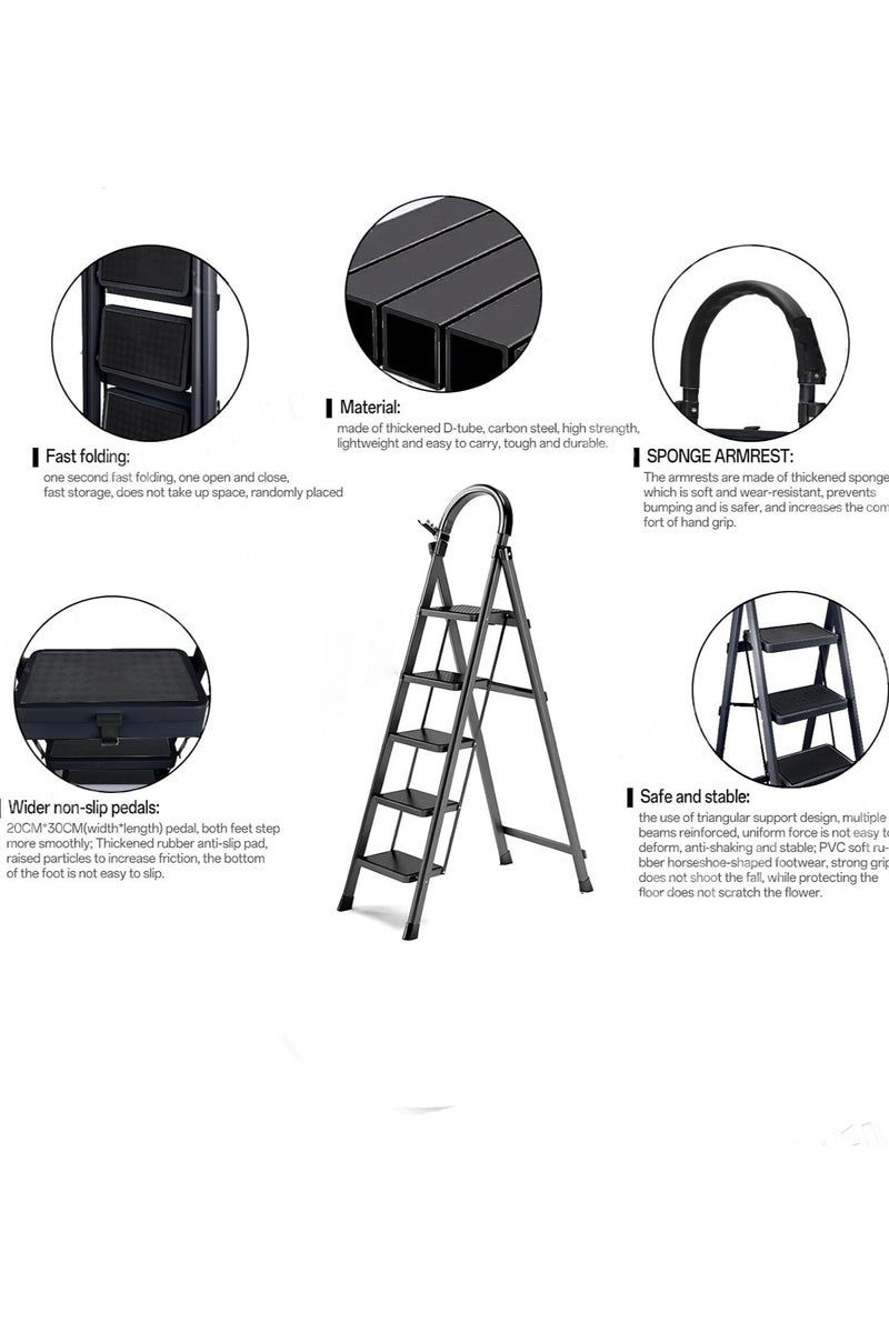 ديكور هيلز سلم قابل للطي من 5 درجات بمقبض مريح مرتفع لمعظم أعمال الصيانة المنزلية، سلم متدرج ذو قدم غير قابلة للانزلاق، سلم خزانة مع دواسة عريضة مضادة للانزلاق للمنزل والمطبخ والحديقة والمكتب - Image 4