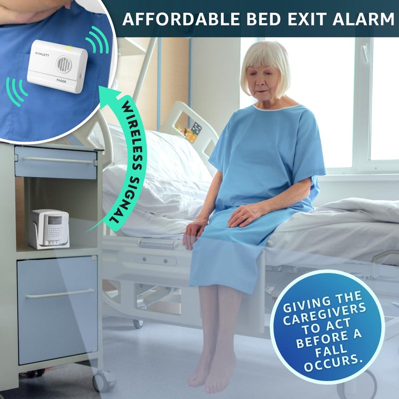 SYNLETT Bed Alarm Caregiver Pager with 2 Wireless Motion Sensors Alarm Indoor Fall Prevention for Elderly Monitoring Seniors Dementia Patients Seniors Home Door Chime - Image 2