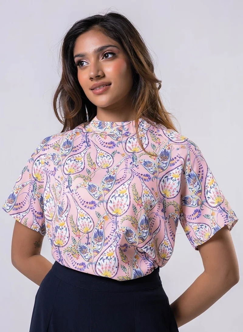 Zigzag Raglan Sleeve Printed Pink Top