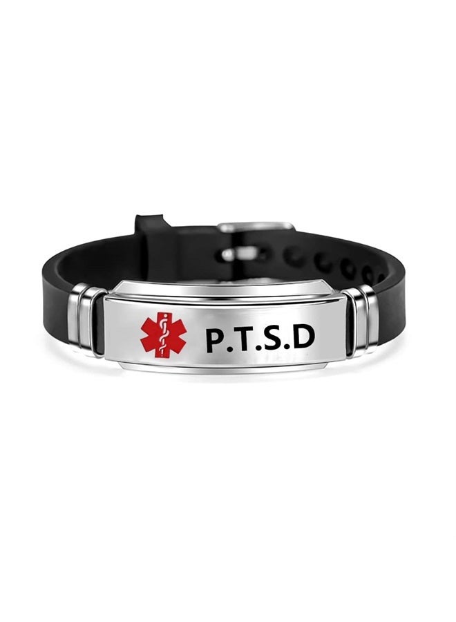 OutstandLong Red Medical Alert ID P.T.S.D Bracelet Emergency First Aid Laser Engraved Health Alert Adjustable Silicone Wristband Bracelet