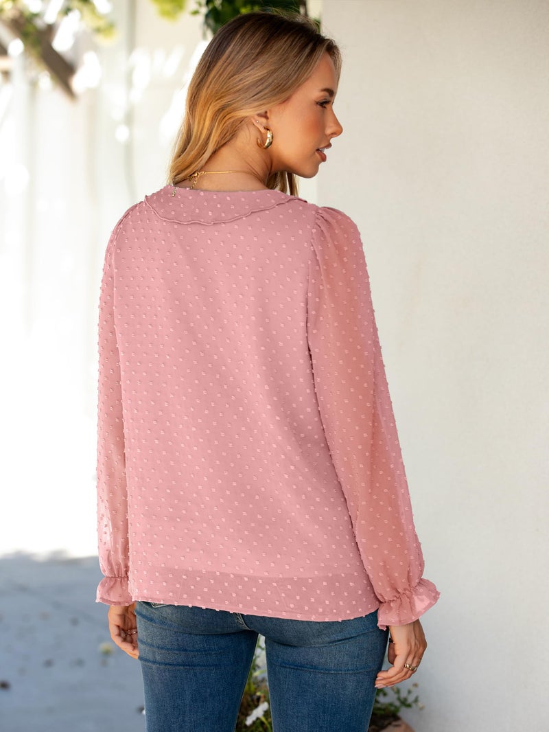 Simplee Womens Dressy Long Sleeve Blouse Casual V-Neck Ruffle Business Tops Chiffon Work Ladies Shirts 2025 Fall Trendy(Medium,Pink) - Image 3