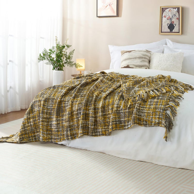 GINAMUSE Multi-Color Gold Cable Woven Throw Blanket for Couch,50"X60" Boho Style Textured Blankets for Home Decor,Super Soft Warm Cozy Chunky Blanket with Decorative Tassels for Bed and Sofa - Image 5