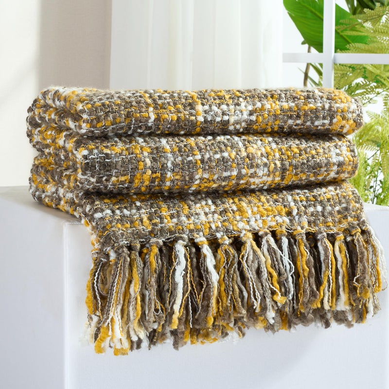 GINAMUSE Multi-Color Gold Cable Woven Throw Blanket for Couch,50"X60" Boho Style Textured Blankets for Home Decor,Super Soft Warm Cozy Chunky Blanket with Decorative Tassels for Bed and Sofa - Image 1