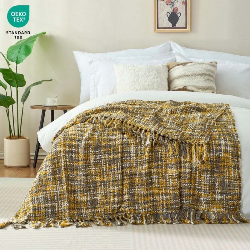 GINAMUSE Multi-Color Gold Cable Woven Throw Blanket for Couch,50"X60" Boho Style Textured Blankets for Home Decor,Super Soft Warm Cozy Chunky Blanket with Decorative Tassels for Bed and Sofa - Image 2