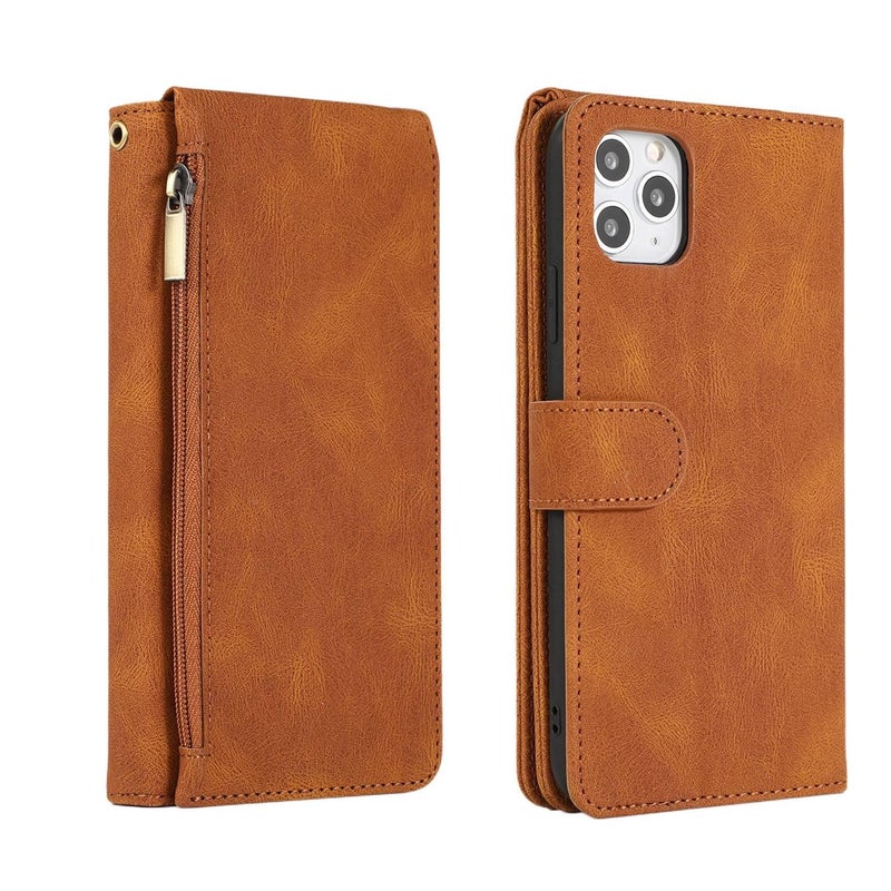 غطاء واقي | حامل قابل للطي | مقاوم للصدمات لـ iPhone 14 / 14 Plus / 14 Pro / 14 Pro Max | بني ملمس جلد - Image 1