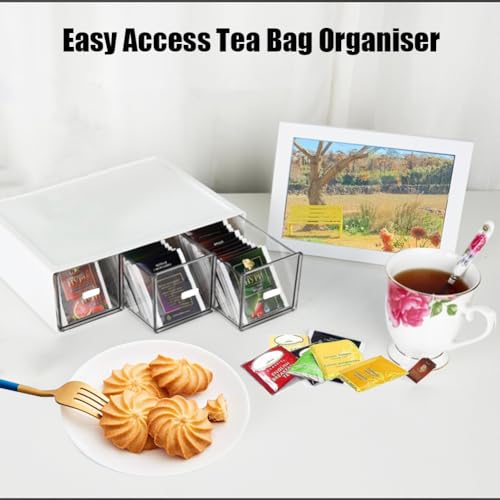 LZDGCC Plastic Tea Bag Organizer with 3 Drawers, Desk Drawer Organizer, Stackable Storage Drawers, White Tea Box, Makeup Organizer, Clear Tea Bag Storage, Coffee Storage for Tea Bags, Sugar Packets, Cosmetic - Image 4