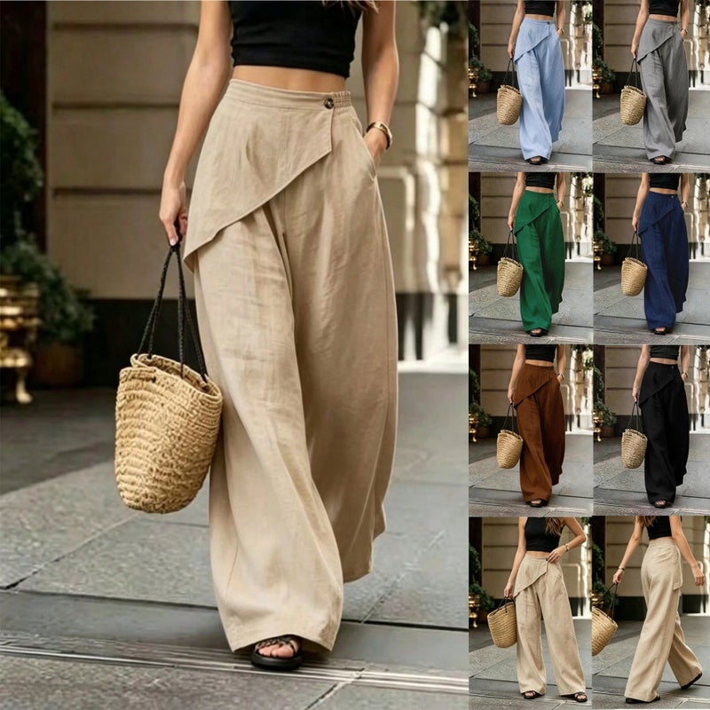 Women's Casual Solid Wide Leg Irregular Linen Blend Pants - Image 1