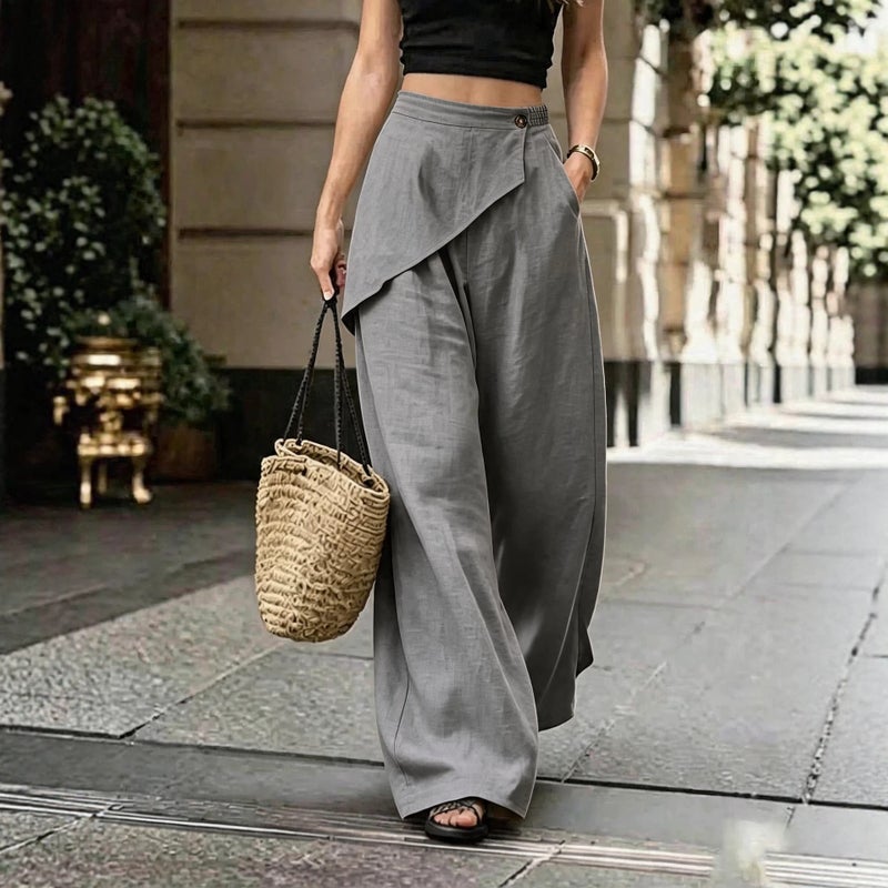 Women's Casual Solid Wide Leg Irregular Linen Blend Pants - Image 2