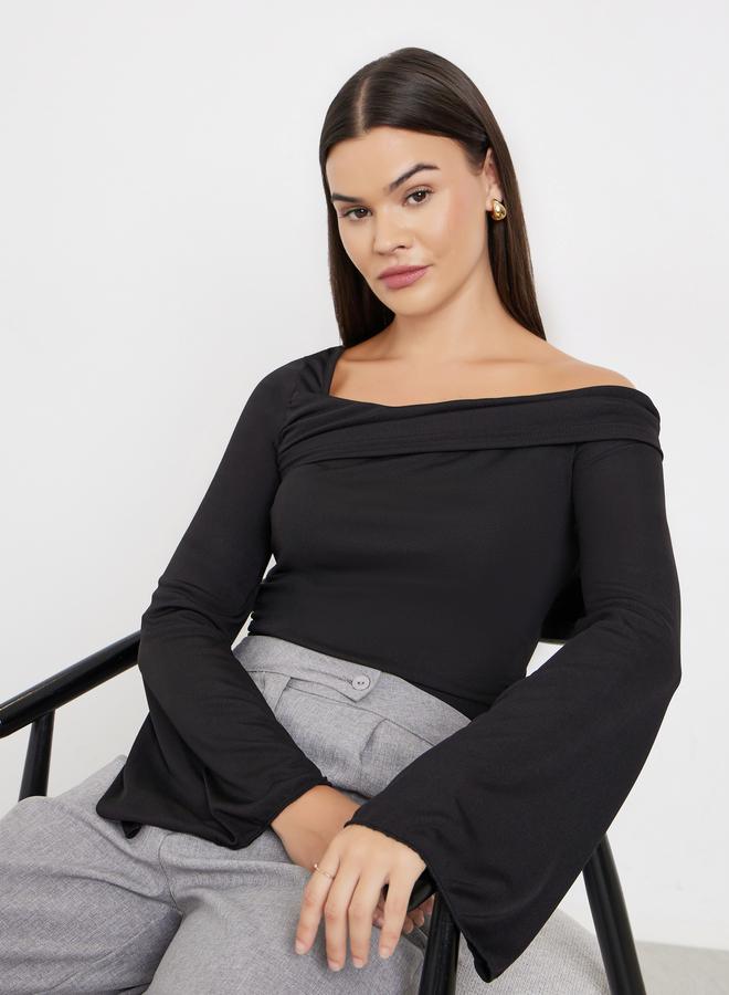 ستايلي بلوزة محبوكة بياقة غير متماثلة الطول - Image 3