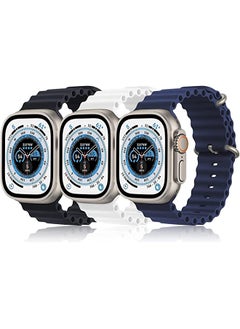 3 Pack Soft Silicone Ocean Band Compatible with Apple Watch Ultra Bands 49mm 45mm 44mm 42mm Sport Adjustable Loop for iWatch Series 8 7 6 5 4 3 2 1 SE Men Women Black + Midnight Blue + White