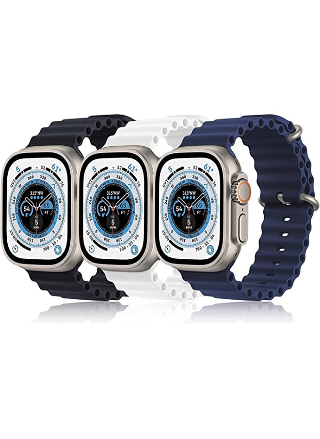 vesus - 3 Pack Soft Silicone Ocean Band Compatible with Apple Watch Ultra Bands 49mm 45mm 44mm 42mm Sport Adjustable Loop for iWatch Series 8 7 6 5 4 3 2 1 SE Men Women Black + Midnight Blue + White - Image 1