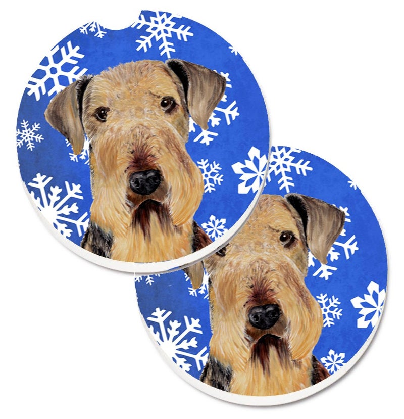 Caroline's Treasures SC9373CARC Airedale Winter Snowflakes Holiday Set of 2 Cup Holder Car Coasters Absorbent Sandstone Coasters for Car Cup Holders Gifts for Men or Women  Large  Multicolor