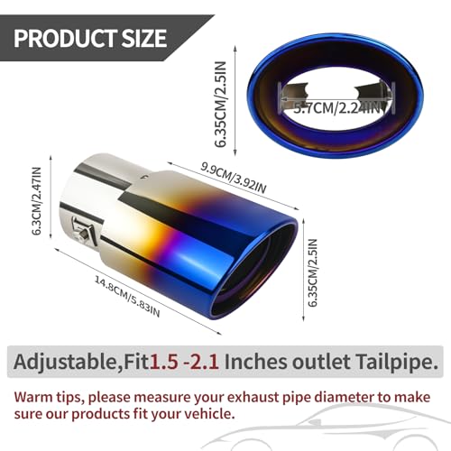 OXDFK Universal Chrome Exhaust Tip, 1.5"–2.1" Inlet, Stainless Steel, Adjustable Car Muffler Decorative Tip, Fits Pipes with 1.5–2.1" Diameter, 2.24" Outlet, 5.76" Long, Straight Pipe Kit (Blue) - Image 2