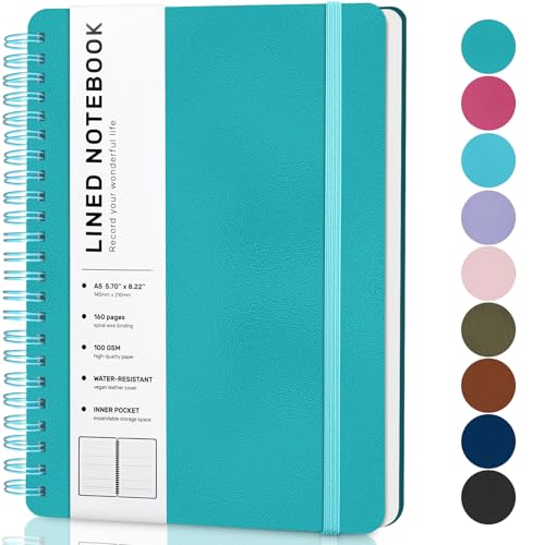 ABERLLS Turquoise Lined Spiral Journal Notebook with 160 Pages, 8×5.7in, A5 Spiral Notebook, Journaling Notebooks for Work, School, Women, Men, College Ruled Spiral Notebook, Hardcover Leather Journals - Image 1