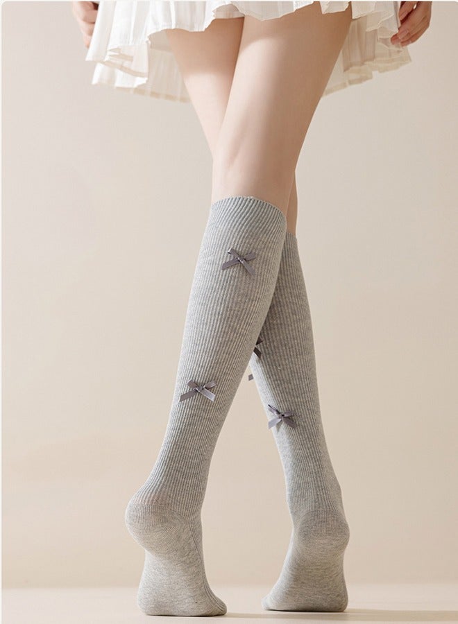 Women's Bow-knee High Socks Thin Socks High Stockings Outdoor Gray Pile Socks Calf Socks Long Tube Lolita JK Style - Image 2